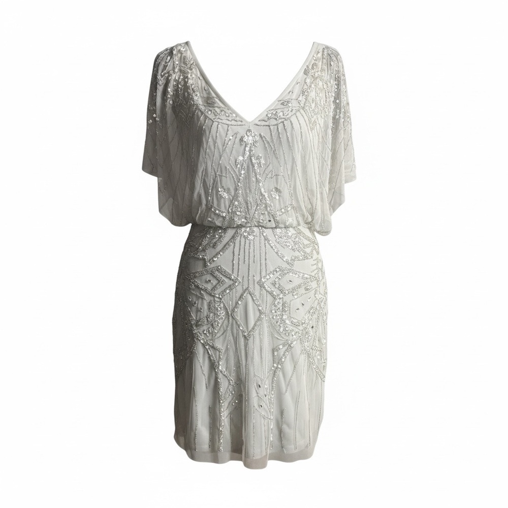 Aidan Mattox Art Deco Beaded Cocktail Dress Silver Gatsby - Picture 2 of 11